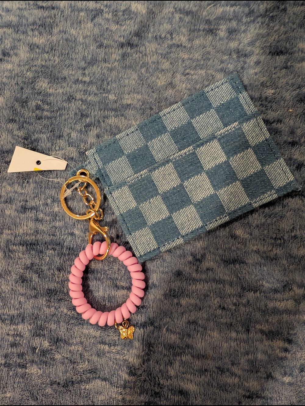 NWOT Blue Denim Checker Card Holder with Pink Wristband And A Keyring